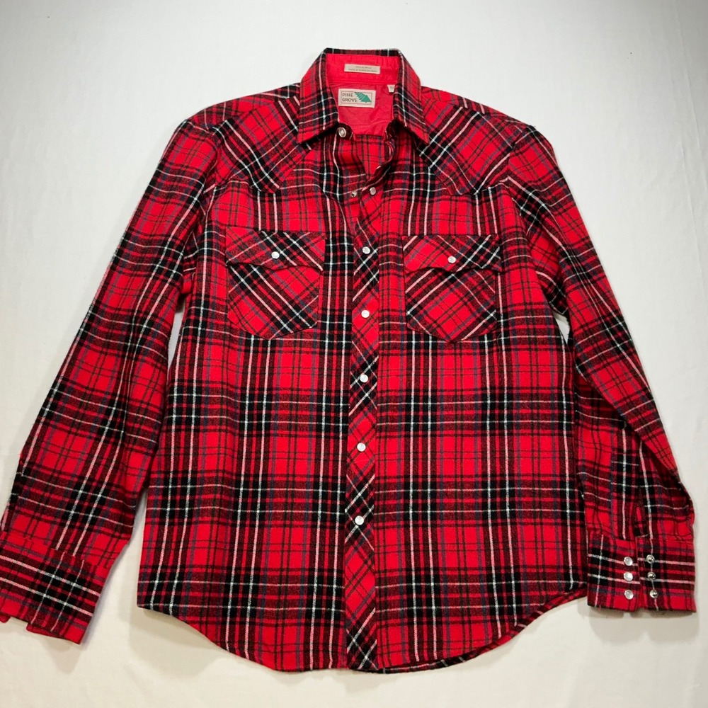 Pine Grove Mens Red‎ Plaid Western Pearl Snap Flannel Shirt Medium Long Sleeve